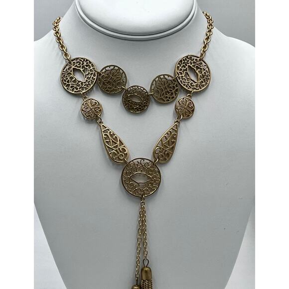 Matte Brushed Gold Double Strand Medallion Filigree Light Tassel Y Necklace - Picture 2 of 6